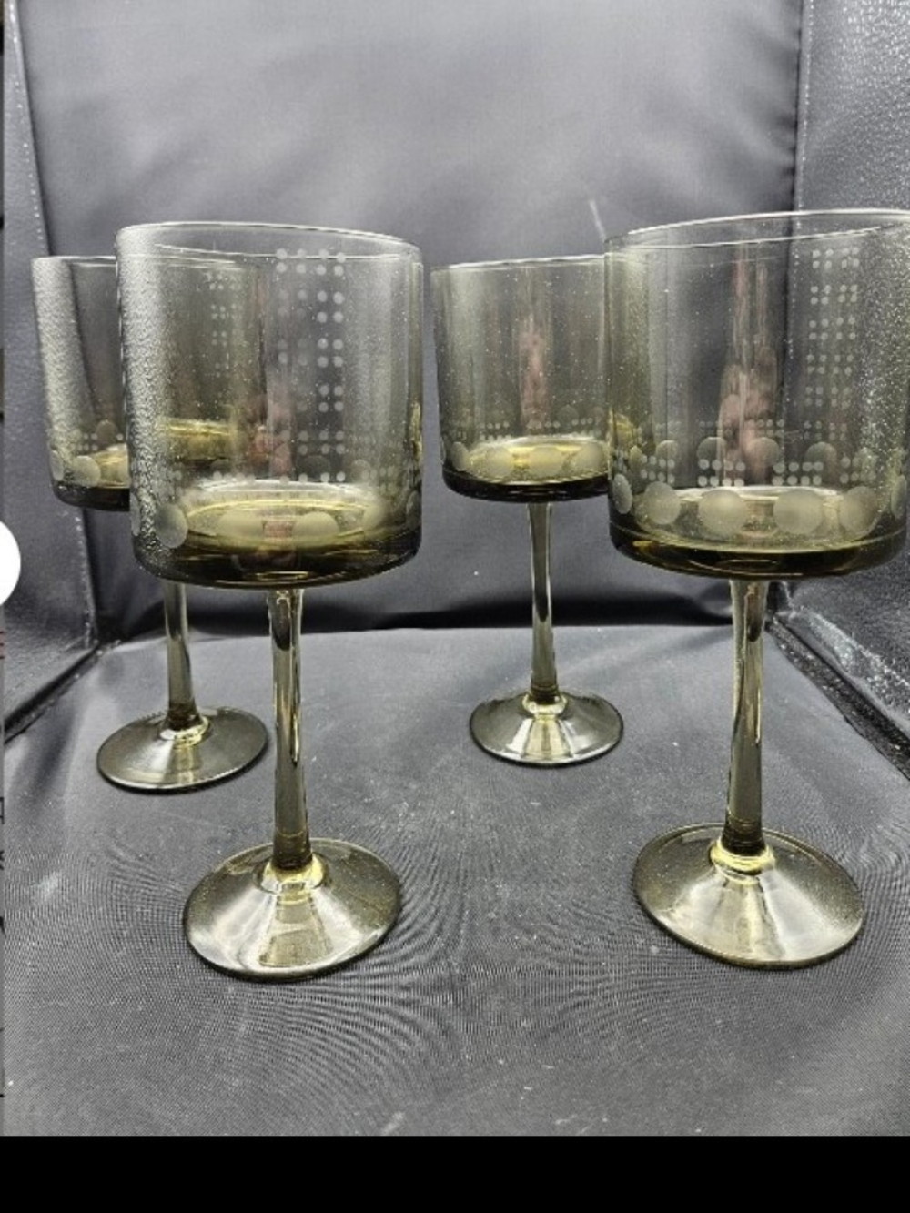 1960s Modernist Smoked Grid Wine Glasses -Smoked Gray Dot Stemmed - Set of 4